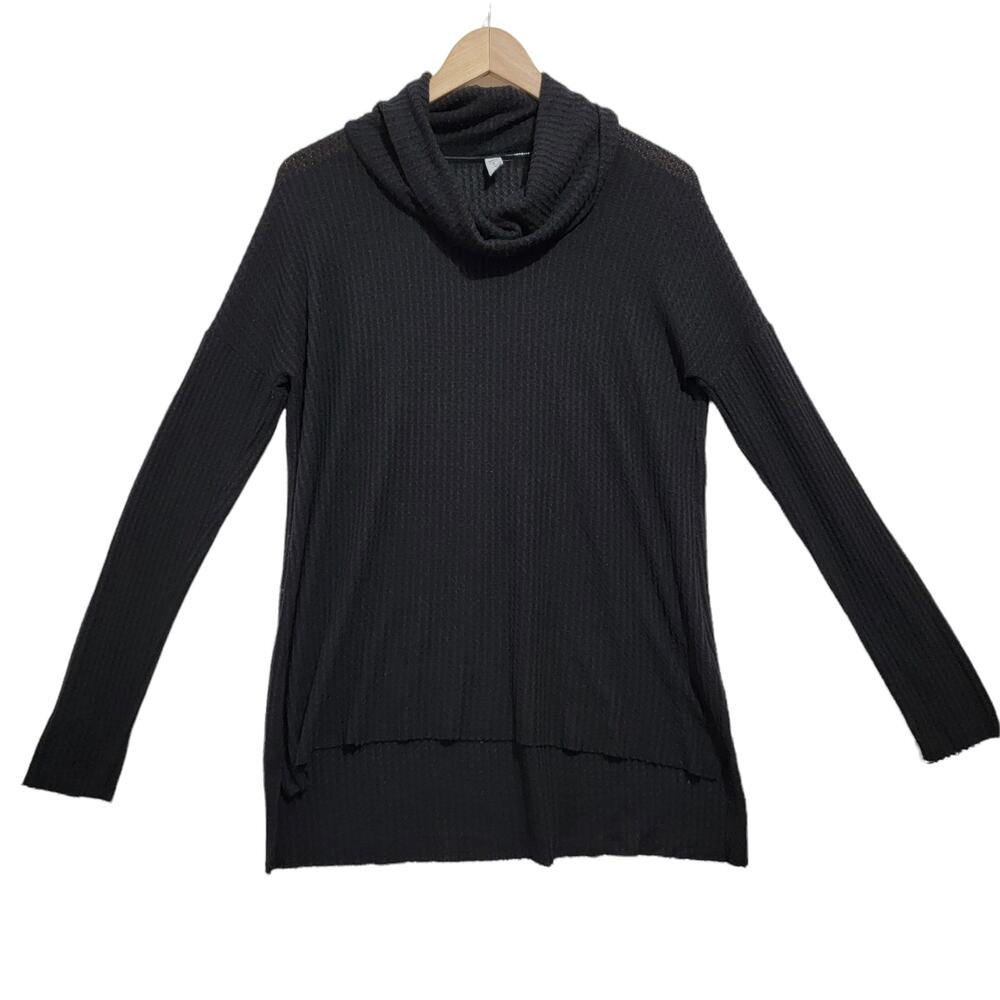 BP Womens Black Waffle Knit Long Sleeve Top Tunic Cowl Neck Size Small